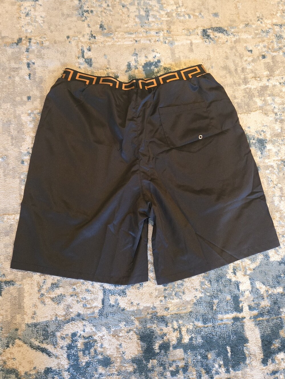 Versace Black Swim Shorts with Orange Greek-Key Waistband